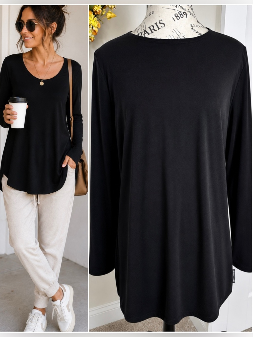 Show Me Your Mumu Scoop Neck  Stretch Knit Curved Hem Tunic Top Black Sz L💛